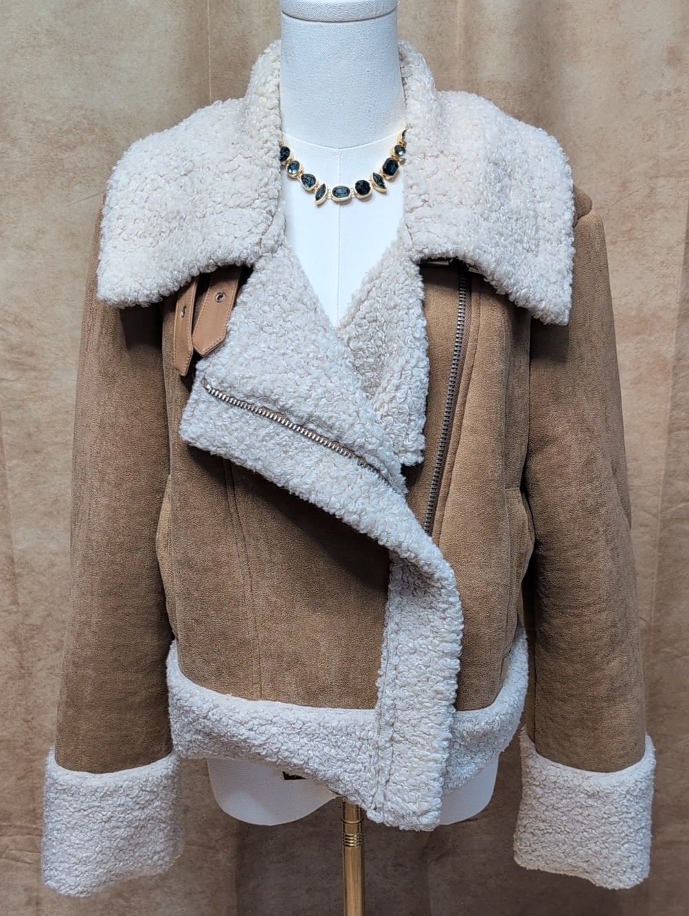 7 For All Mankind Suede Shearling Moto Jacket - Cream & Tan